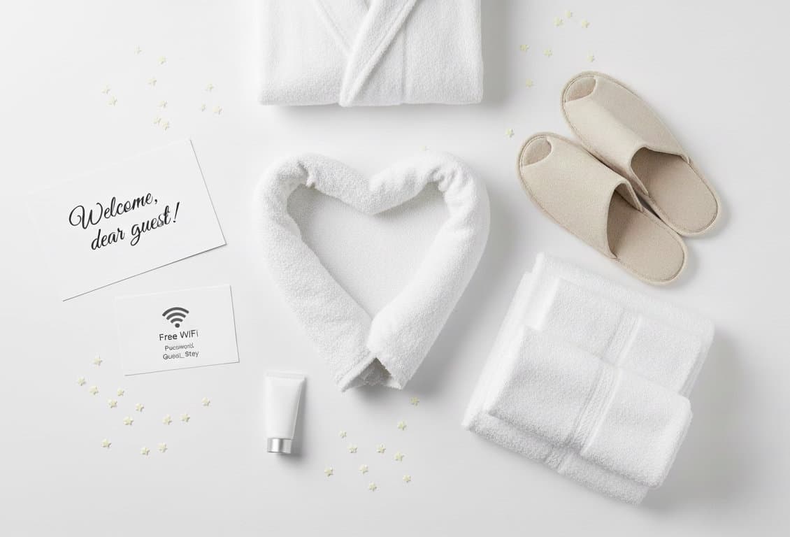 Guest-loved amenities laid out on a bed